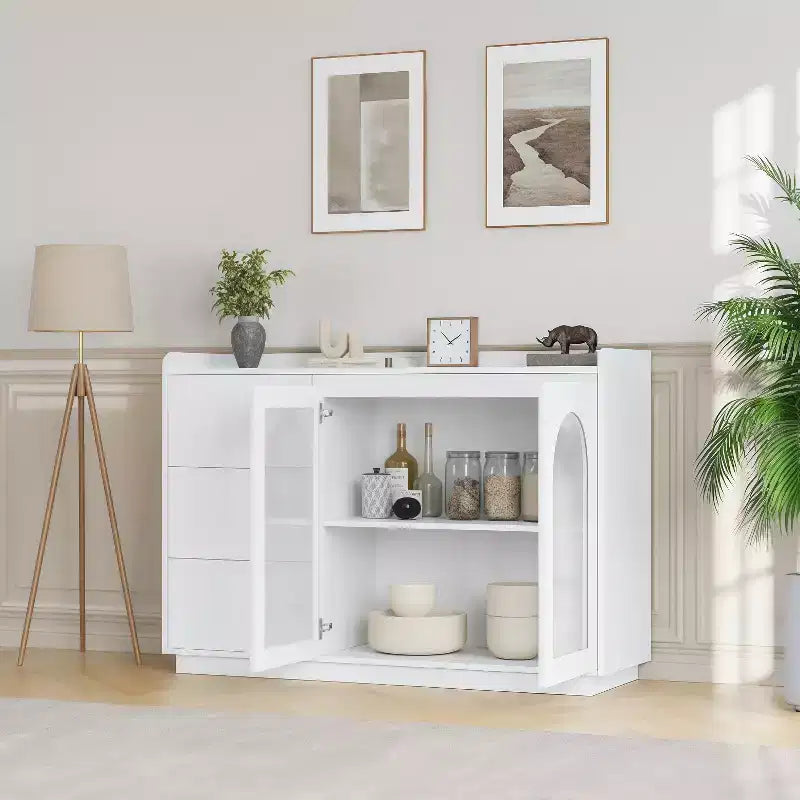 GustoWave Mobile credenza buffet 48W con LED, Tavolo buffet da cucina con 3 cassetti, Mobile bar per caffè, Bianco elegante