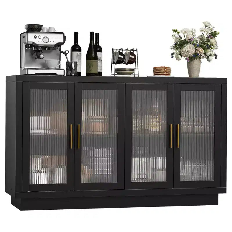 55.1 Buffet Cabinet with 4 Fluted Glass Doors, Kitchen Buffet Storage Cabinets Coffee Bar with Adjustable Shelves for Dining Room, Living Room