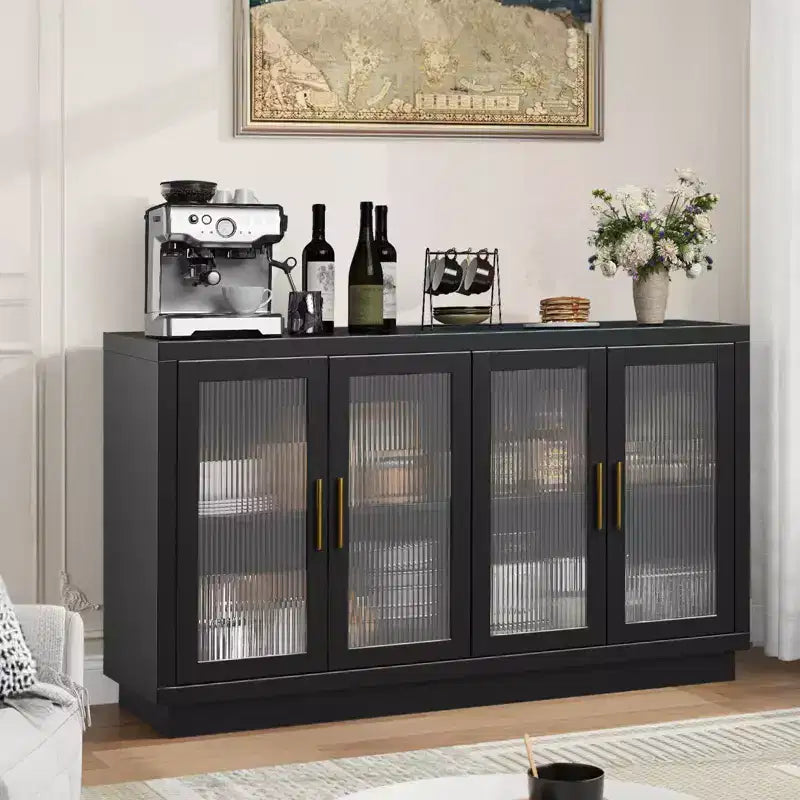 55.1 Mobile Credenza con 4 Ante in Vetro Scanalato, Credenze da Cucina per Buffet, Mobile Bar Caffetteria con Ripiani Regolabili per Sala da Pranzo, Soggiorno