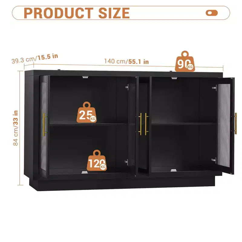 55.1 Mobile Credenza con 4 Ante in Vetro Scanalato, Credenze da Cucina per Buffet, Mobile Bar Caffetteria con Ripiani Regolabili per Sala da Pranzo, Soggiorno