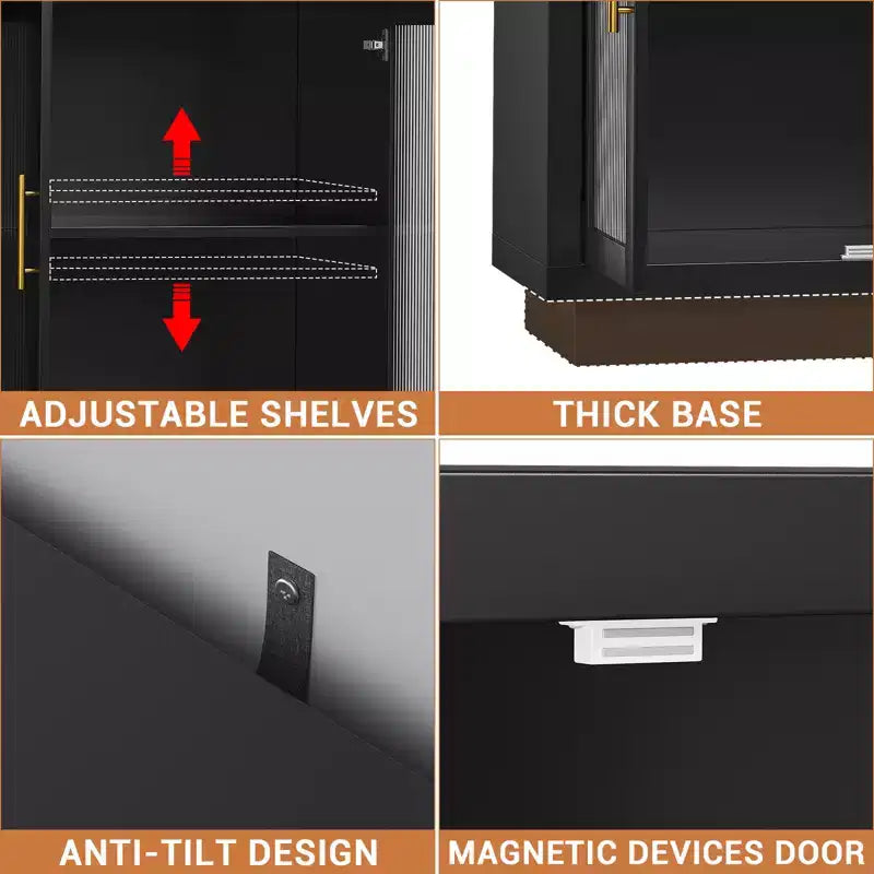 55.1 Mobile Credenza con 4 Ante in Vetro Scanalato, Credenze da Cucina per Buffet, Mobile Bar Caffetteria con Ripiani Regolabili per Sala da Pranzo, Soggiorno