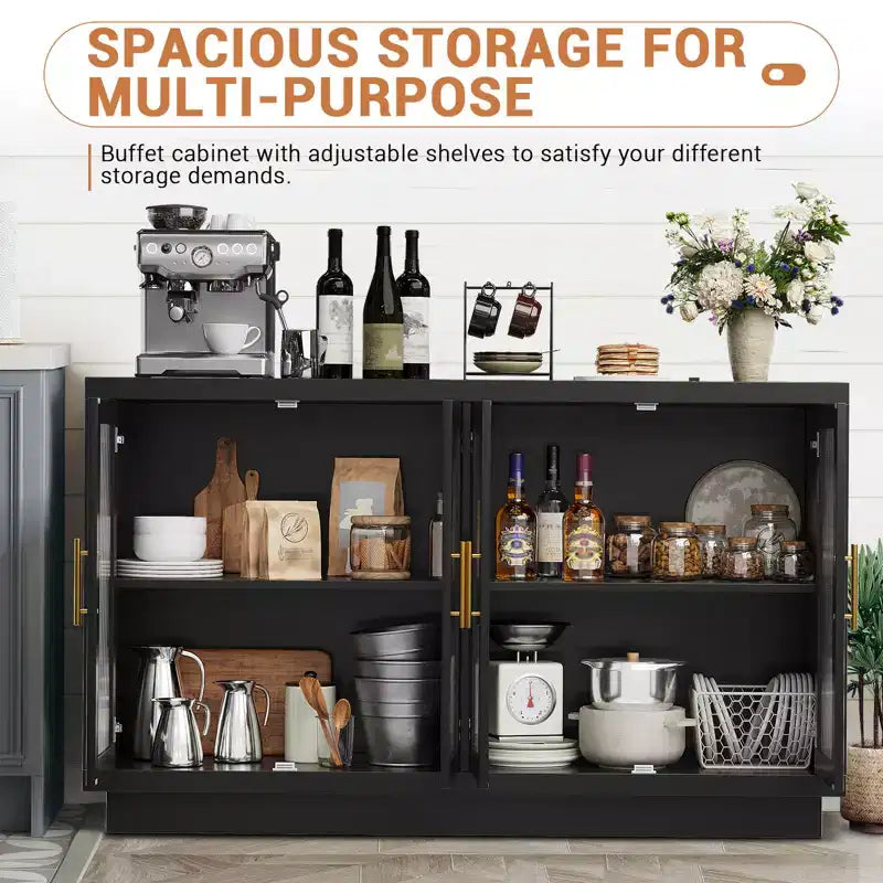 55.1 Mobile Credenza con 4 Ante in Vetro Scanalato, Credenze da Cucina per Buffet, Mobile Bar Caffetteria con Ripiani Regolabili per Sala da Pranzo, Soggiorno