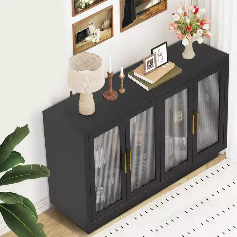 55.1 Mobile Credenza con 4 Ante in Vetro Scanalato, Credenze da Cucina per Buffet, Mobile Bar Caffetteria con Ripiani Regolabili per Sala da Pranzo, Soggiorno