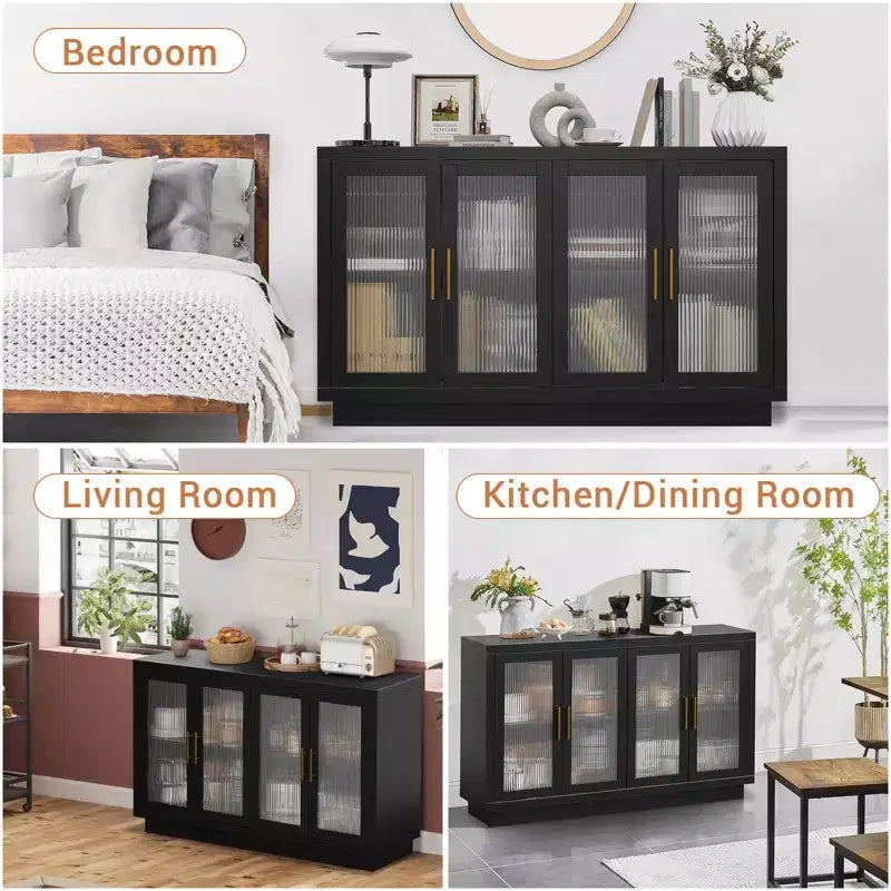 55.1 Mobile Credenza con 4 Ante in Vetro Scanalato, Credenze da Cucina per Buffet, Mobile Bar Caffetteria con Ripiani Regolabili per Sala da Pranzo, Soggiorno