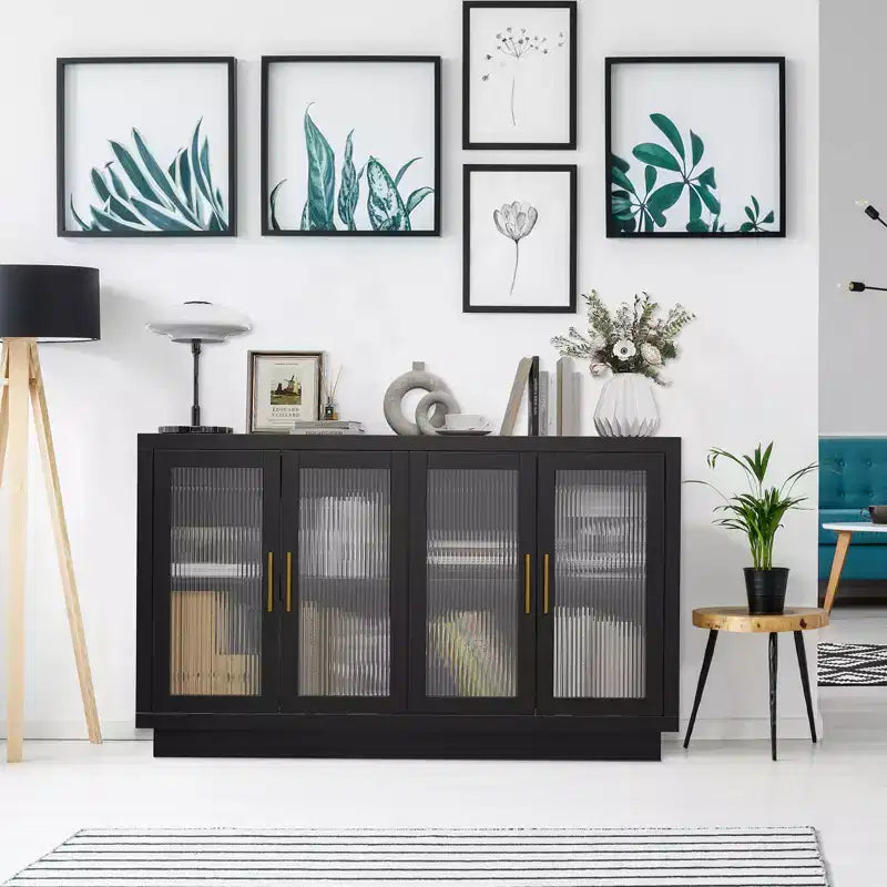 55.1 Mobile Credenza con 4 Ante in Vetro Scanalato, Credenze da Cucina per Buffet, Mobile Bar Caffetteria con Ripiani Regolabili per Sala da Pranzo, Soggiorno