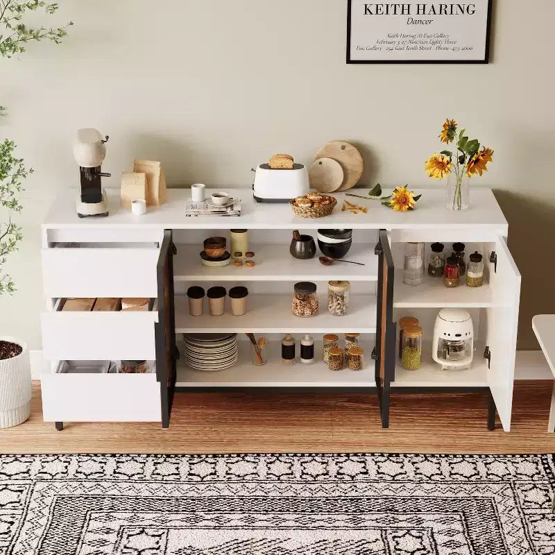Buffet de Bar à Café de 63 po avec Armoire de Rangement, 3 Tiroirs, Îlot de Cuisine de Style Ferme Blanc avec 2 Portes Vitrées, Table de Desserte pour Salle à Manger et Cuisine