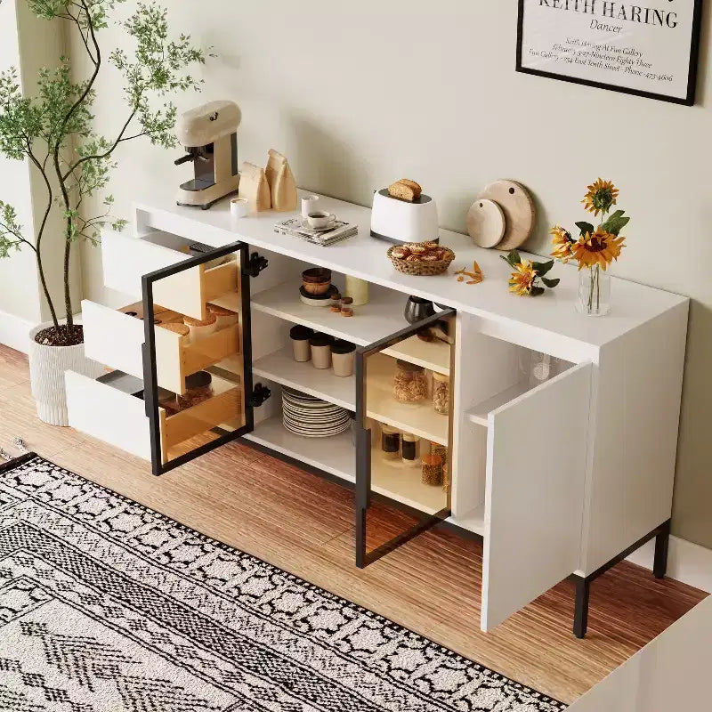 Buffet de Bar à Café de 63 po avec Armoire de Rangement, 3 Tiroirs, Îlot de Cuisine de Style Ferme Blanc avec 2 Portes Vitrées, Table de Desserte pour Salle à Manger et Cuisine