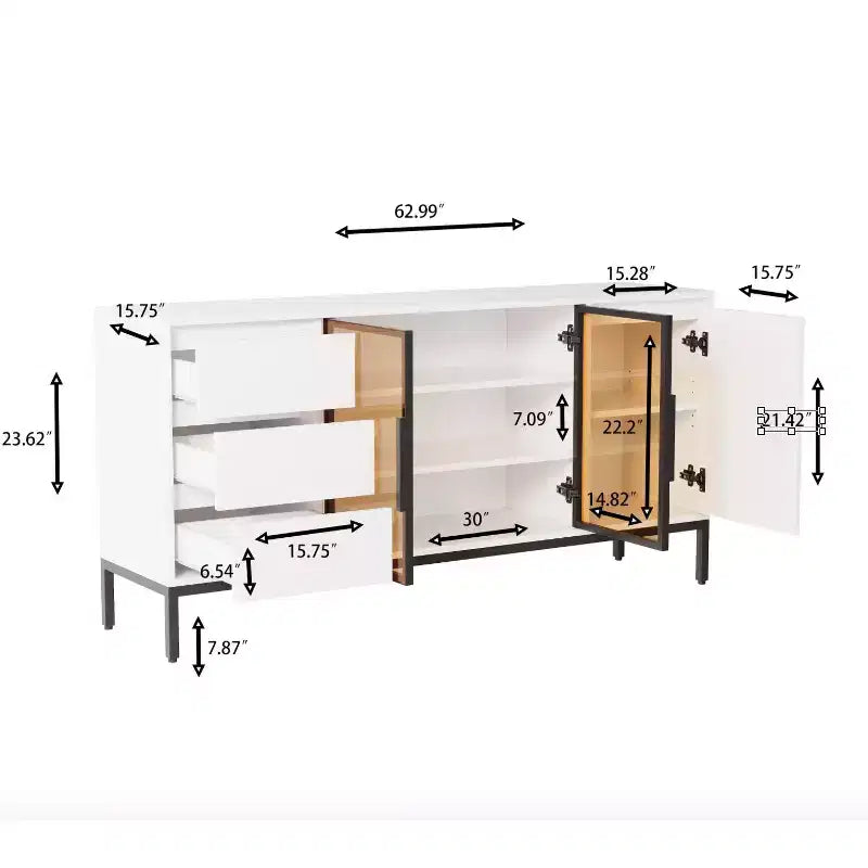Buffet de Bar à Café de 63 po avec Armoire de Rangement, 3 Tiroirs, Îlot de Cuisine de Style Ferme Blanc avec 2 Portes Vitrées, Table de Desserte pour Salle à Manger et Cuisine