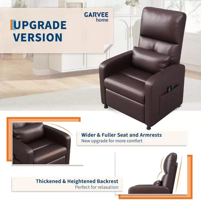 Poltrona Reclinabile Power Lift, Divano Singolo Imbottito in Pelle PU con Schienale Alto e 2 Tasche Laterali, Seduta Regolabile per Home Theater per Soggiorno