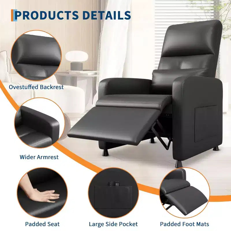 Poltrona Reclinabile Power Lift, Divano Singolo Imbottito in Pelle PU con Schienale Alto e 2 Tasche Laterali, Seduta Regolabile per Home Theater per Soggiorno