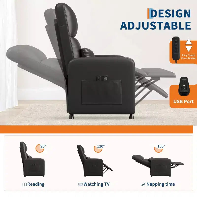 Poltrona Reclinabile Power Lift, Divano Singolo Imbottito in Pelle PU con Schienale Alto e 2 Tasche Laterali, Seduta Regolabile per Home Theater per Soggiorno