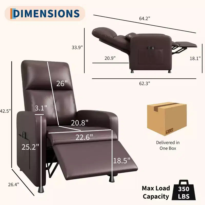 Poltrona Reclinabile Power Lift, Divano Singolo Imbottito in Pelle PU con Schienale Alto e 2 Tasche Laterali, Seduta Regolabile per Home Theater per Soggiorno