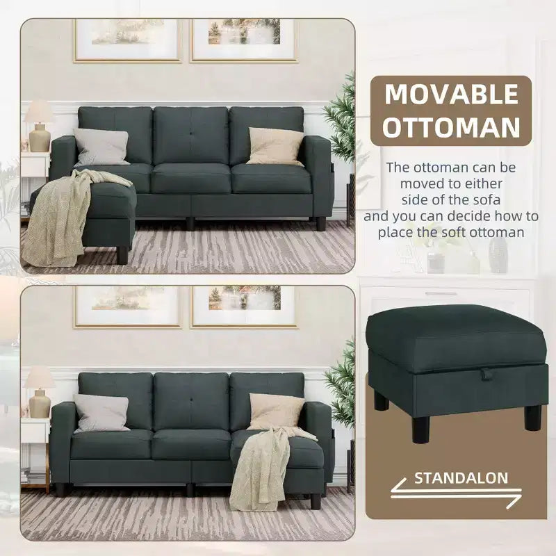 Canapés modulables compacts Celebalcony, canapé modulable 3 places en forme de L en tissu polyester avec pouf mobile pour appartements, bureau