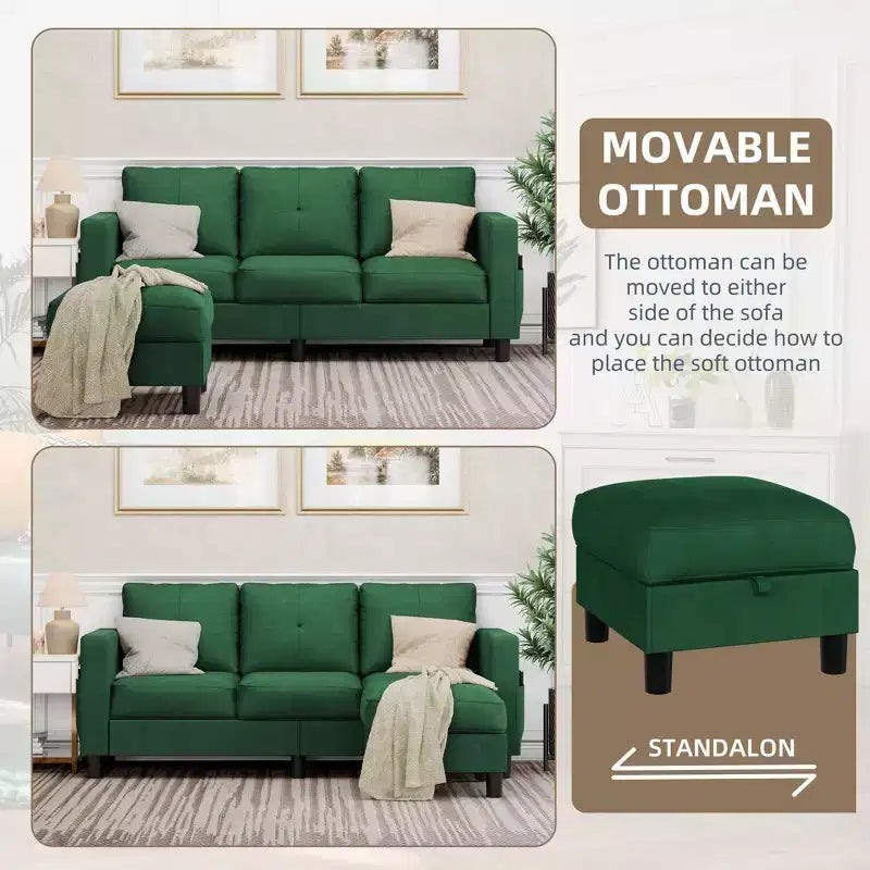 Canapés modulables compacts Celebalcony, canapé modulable 3 places en forme de L en tissu polyester avec pouf mobile pour appartements, bureau