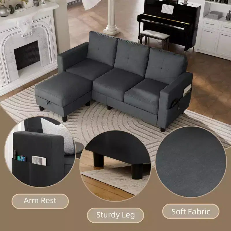 Canapés modulables compacts Celebalcony, canapé modulable 3 places en forme de L en tissu polyester avec pouf mobile pour appartements, bureau