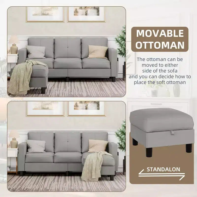 Canapés modulables compacts Celebalcony, canapé modulable 3 places en forme de L en tissu polyester avec pouf mobile pour appartements, bureau