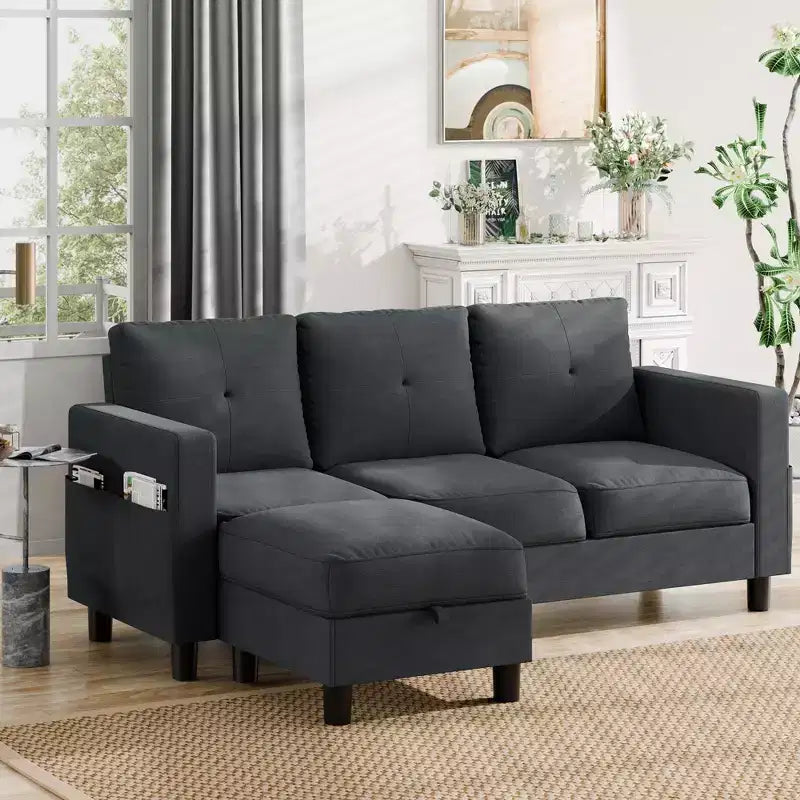 Celebalcony Sectional Small Couch Sofas, L-Shaped Couch 3 Seat Sectional Sofa with Polyester Fabric and Movable Ottoman for Apartments, Office