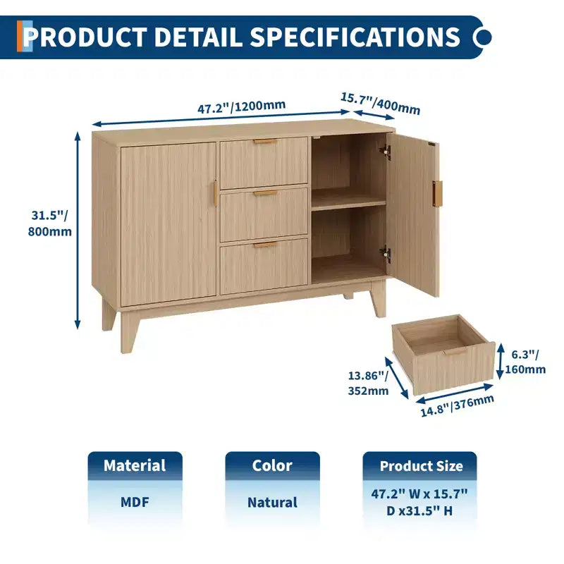 CuisinSmart 47,2 Credenza Moderna con Scanalature, Armadietto Contenitore in Legno con 3 Cassetti, 2 Ante e Ripiani Regolabili per Soggiorno Cucina