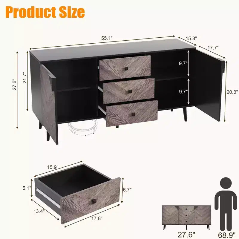 CuisinSmart Mobiletto freestanding, Credenza con cassetti e ante, Credenza in legno con spazio contenitivo per sala da pranzo