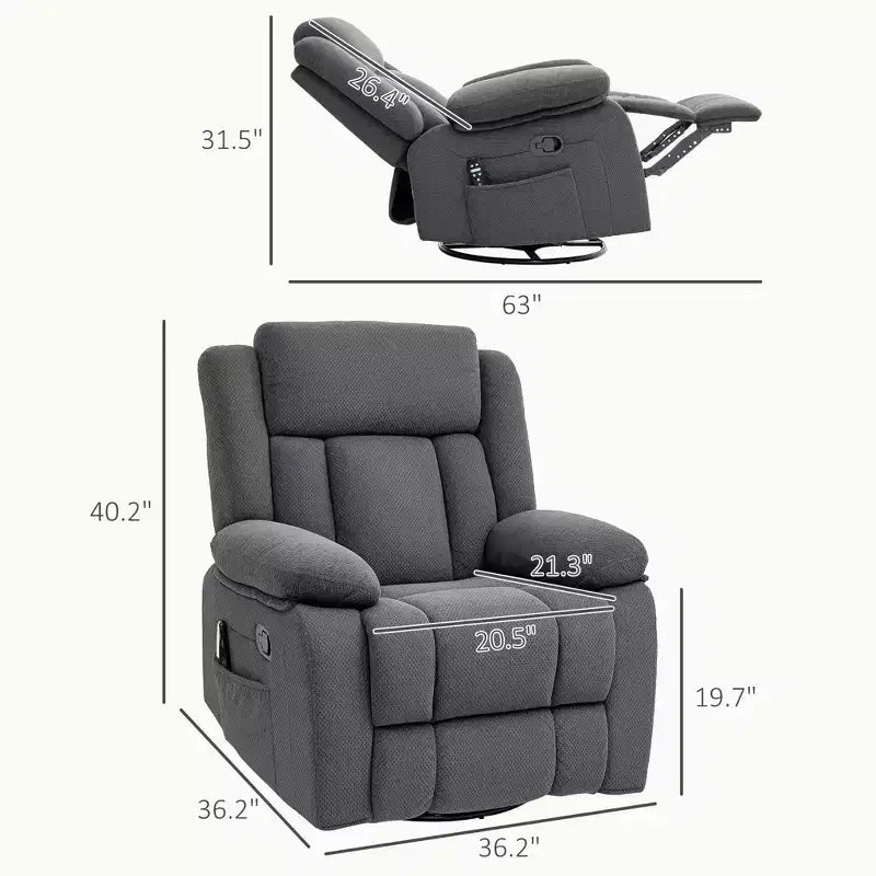 Fauteuil inclinable de massage avec chaleur, fauteuil inclinable surdimensionné pivotant et à bascule avec repose-pieds, télécommande et poches latérales, gris