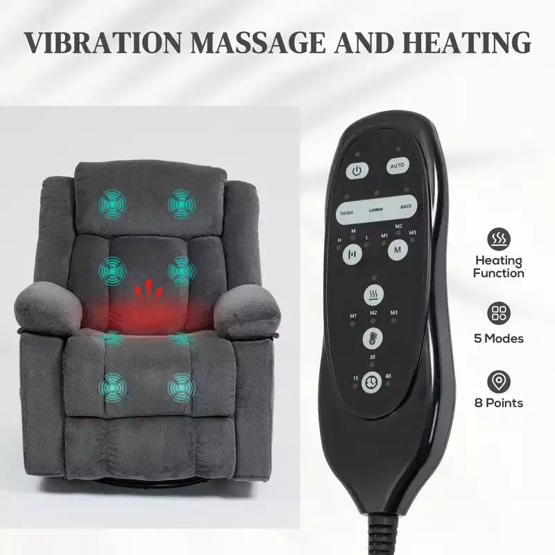 Fauteuil inclinable de massage avec chaleur, fauteuil inclinable surdimensionné pivotant et à bascule avec repose-pieds, télécommande et poches latérales, gris