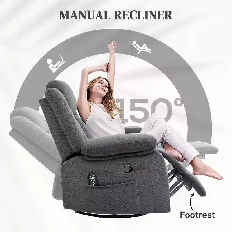 Fauteuil inclinable de massage avec chaleur, fauteuil inclinable surdimensionné pivotant et à bascule avec repose-pieds, télécommande et poches latérales, gris