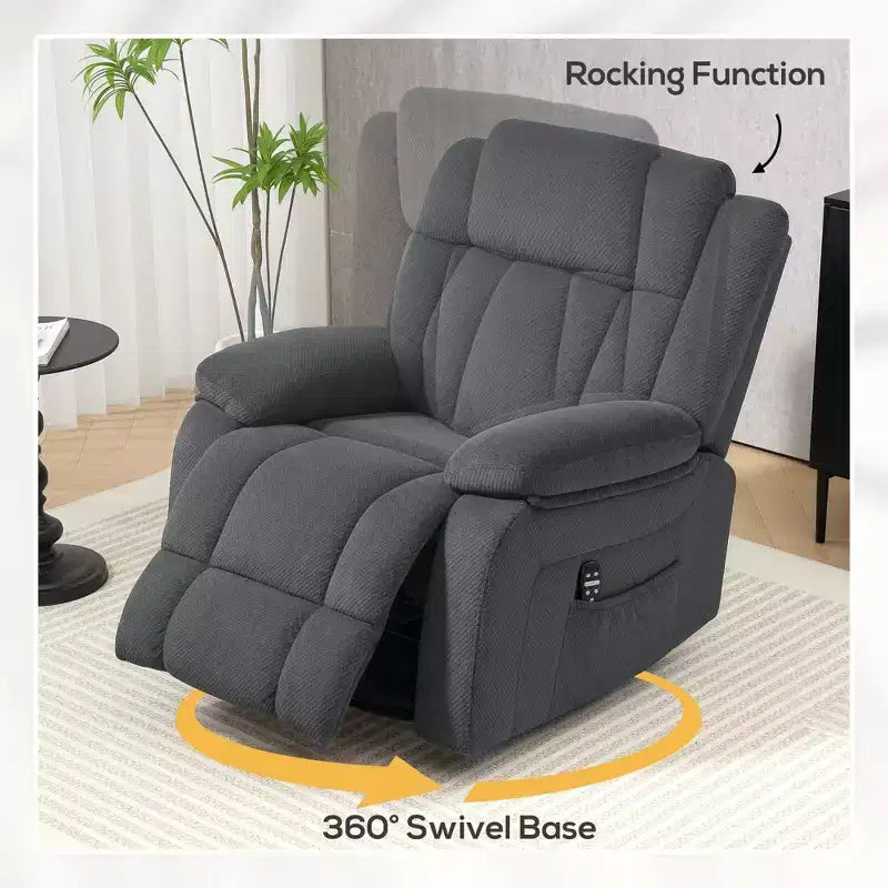 Fauteuil inclinable de massage avec chaleur, fauteuil inclinable surdimensionné pivotant et à bascule avec repose-pieds, télécommande et poches latérales, gris