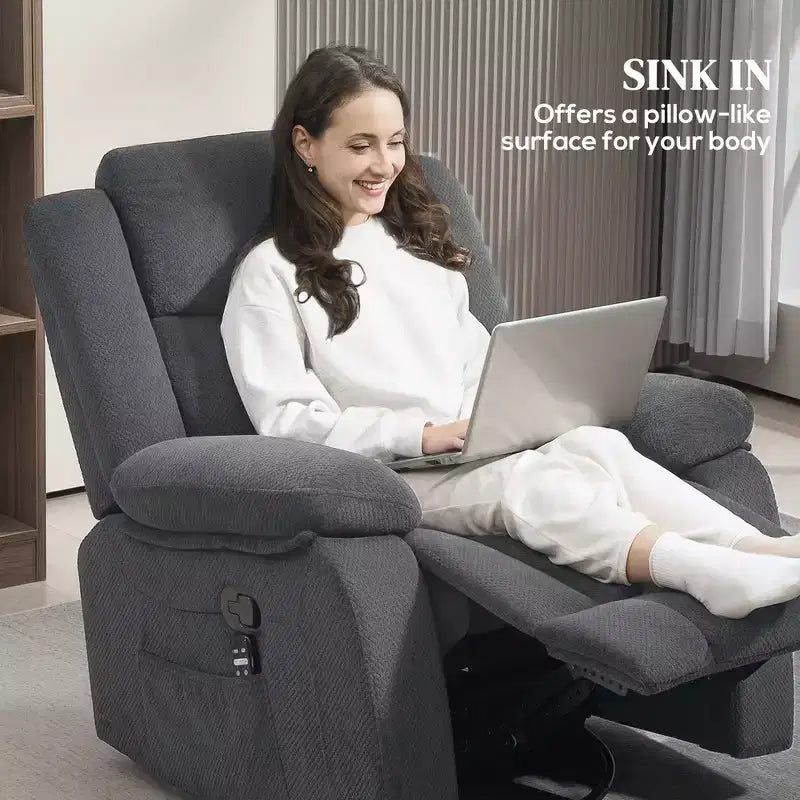 Fauteuil inclinable de massage avec chaleur, fauteuil inclinable surdimensionné pivotant et à bascule avec repose-pieds, télécommande et poches latérales, gris