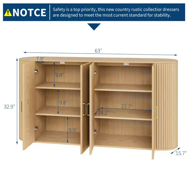 Credenza a buffet da 63 pollici, mobile bar scanalato per l'ingresso con 4 ante, tavolino consolle in legno, credenza d'accento per soggiorno e cucina
