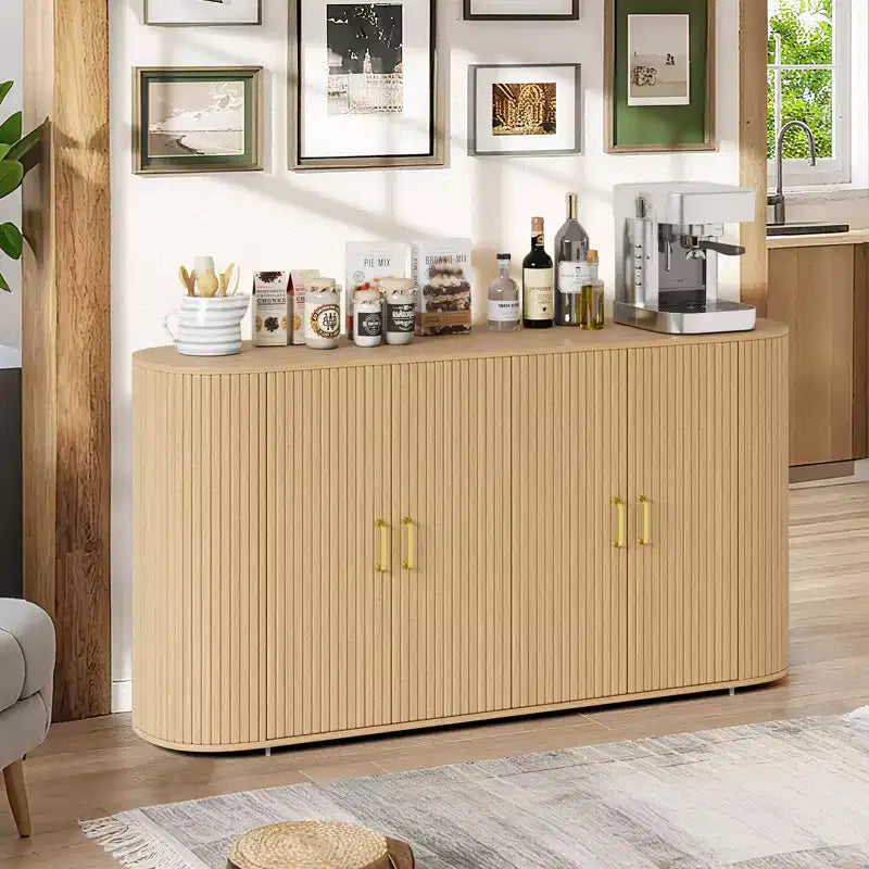 Credenza a buffet da 63 pollici, mobile bar scanalato per l'ingresso con 4 ante, tavolino consolle in legno, credenza d'accento per soggiorno e cucina