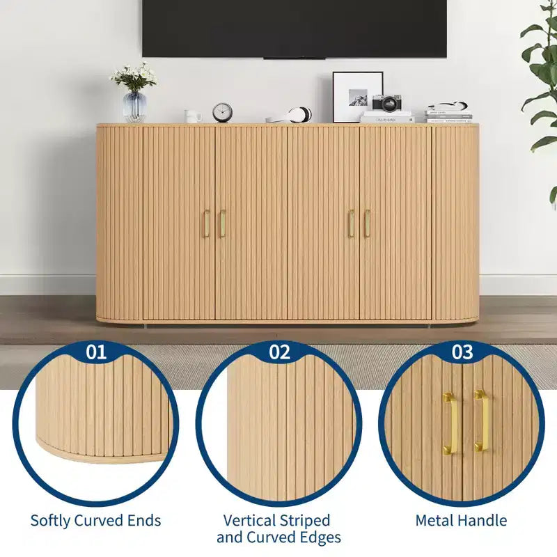 Credenza a buffet da 63 pollici, mobile bar scanalato per l'ingresso con 4 ante, tavolino consolle in legno, credenza d'accento per soggiorno e cucina