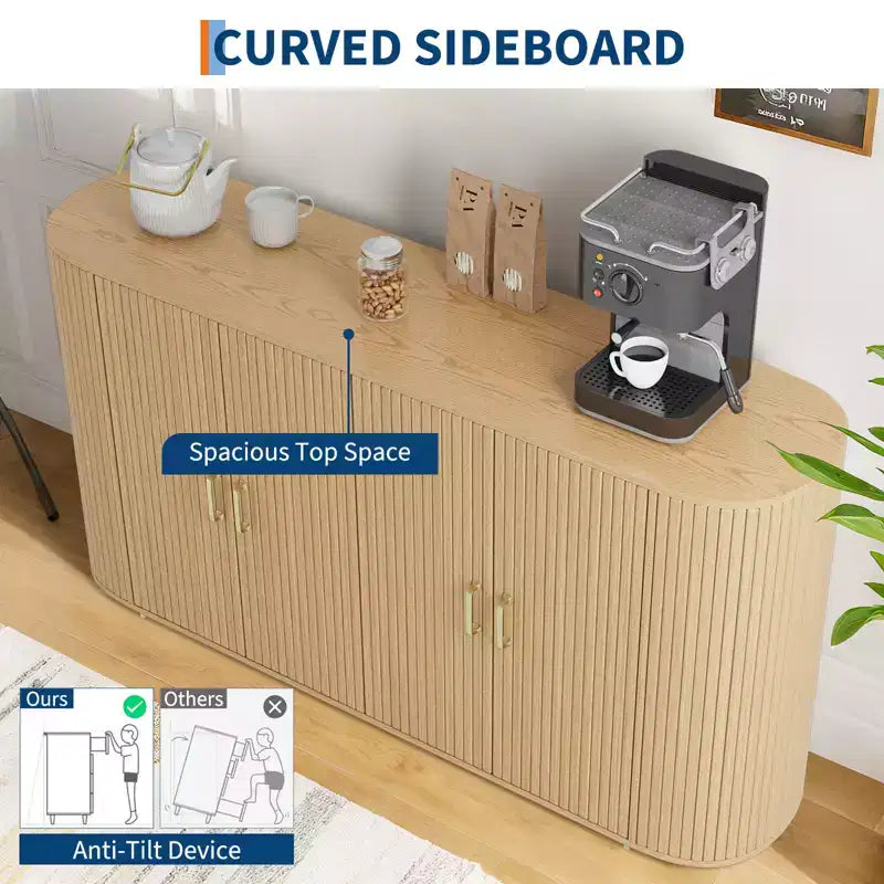 Credenza a buffet da 63 pollici, mobile bar scanalato per l'ingresso con 4 ante, tavolino consolle in legno, credenza d'accento per soggiorno e cucina