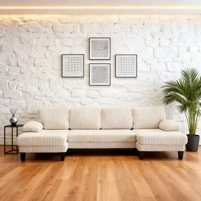 Divano Sezionale a U in Velluto a Coste Homy Casa con Doppia Chaise Longue, Divano a 4 Posti per Soggiorno, Beige