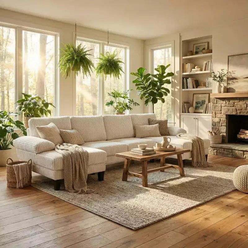 Divano Sezionale a U in Velluto a Coste Homy Casa con Doppia Chaise Longue, Divano a 4 Posti per Soggiorno, Beige