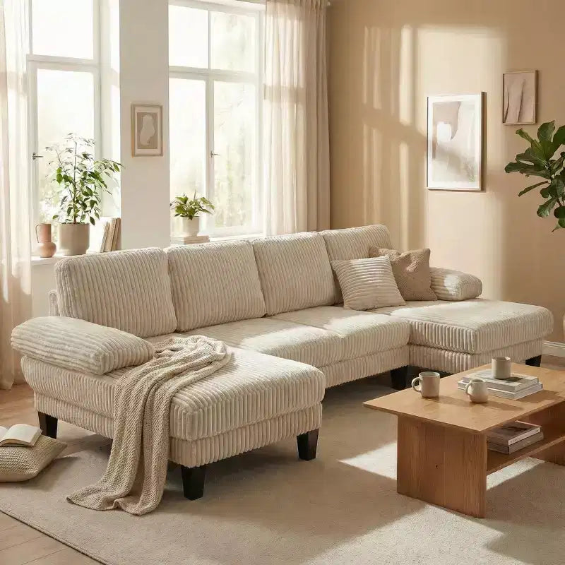 Divano Sezionale a U in Velluto a Coste Homy Casa con Doppia Chaise Longue, Divano a 4 Posti per Soggiorno, Beige