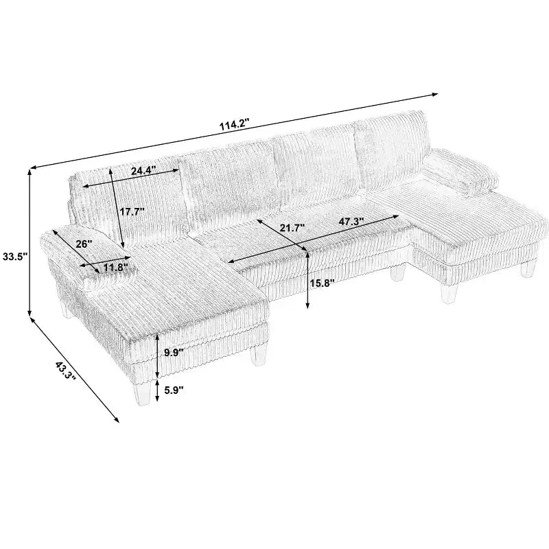 Divano Sezionale a U in Velluto a Coste Homy Casa con Doppia Chaise Longue, Divano a 4 Posti per Soggiorno, Beige