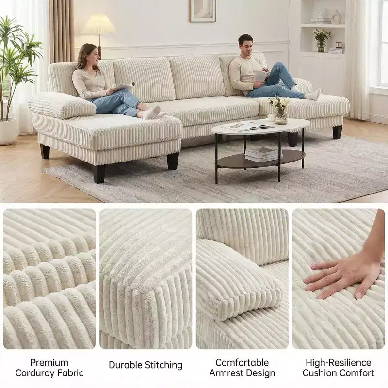 Divano Sezionale a U in Velluto a Coste Homy Casa con Doppia Chaise Longue, Divano a 4 Posti per Soggiorno, Beige