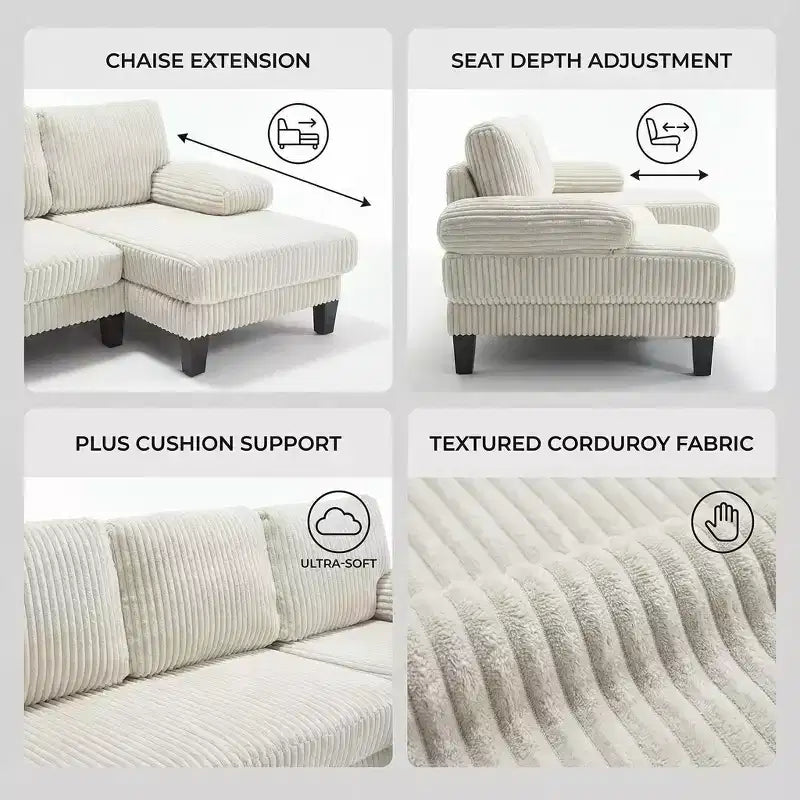 Divano Sezionale a U in Velluto a Coste Homy Casa con Doppia Chaise Longue, Divano a 4 Posti per Soggiorno, Beige