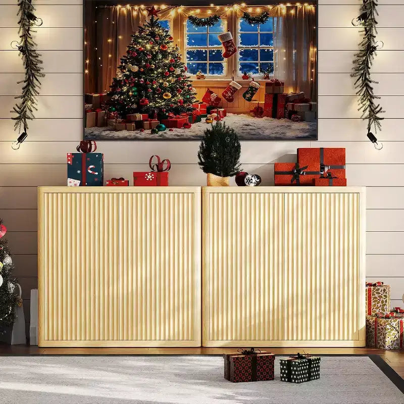 Meuble buffet CuisinSmart 34,6 po en bois avec 2 portes cannelées et étagères réglables, bar à café autoportant pour salle à manger et salon