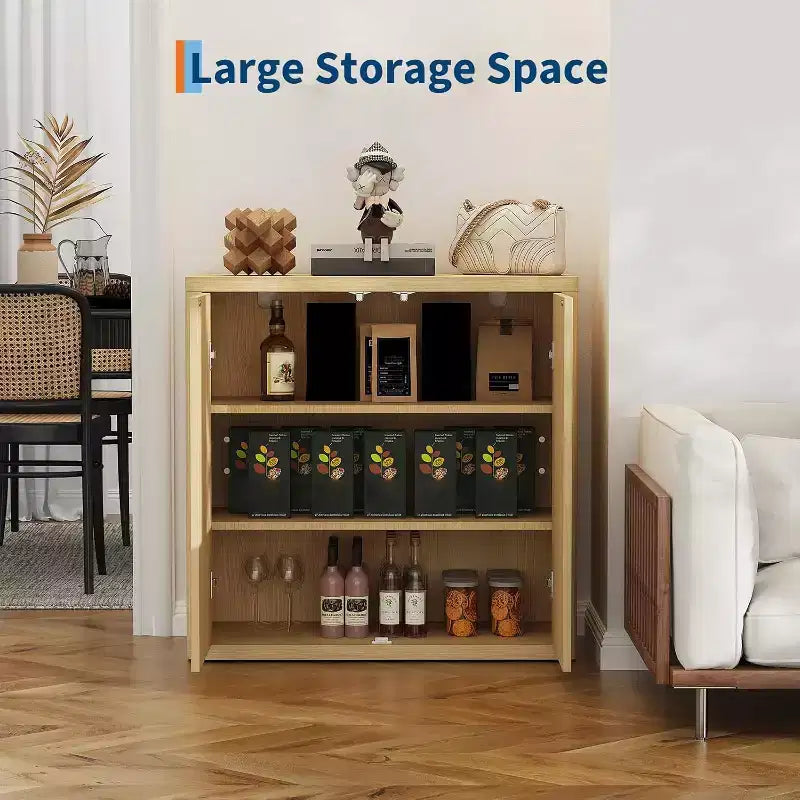 Meuble buffet CuisinSmart 34,6 po en bois avec 2 portes cannelées et étagères réglables, bar à café autoportant pour salle à manger et salon