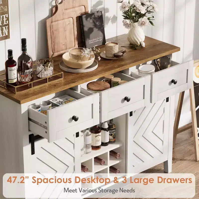 Mobile credenza da caffè da fattoria con anta scorrevole a granaio, buffet con portabottiglie e 3 cassetti