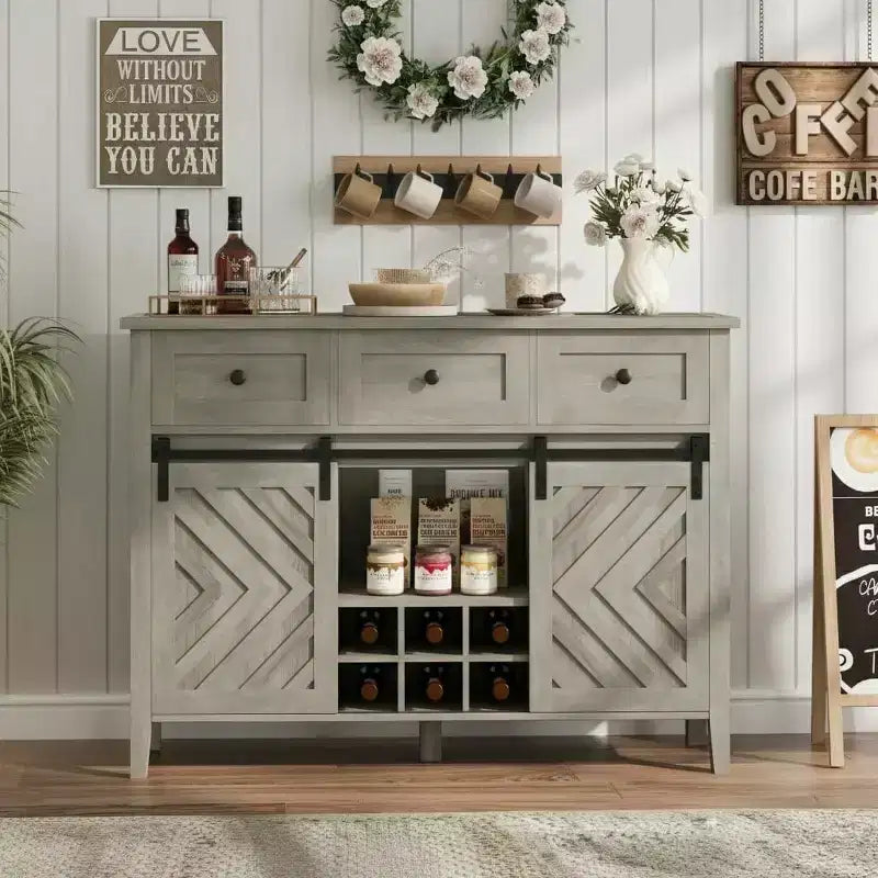 Farmhouse Coffee Station Cabinet with Sliding Barn Door, Sideboard Buffet with Wine Rack and 3 Drawers