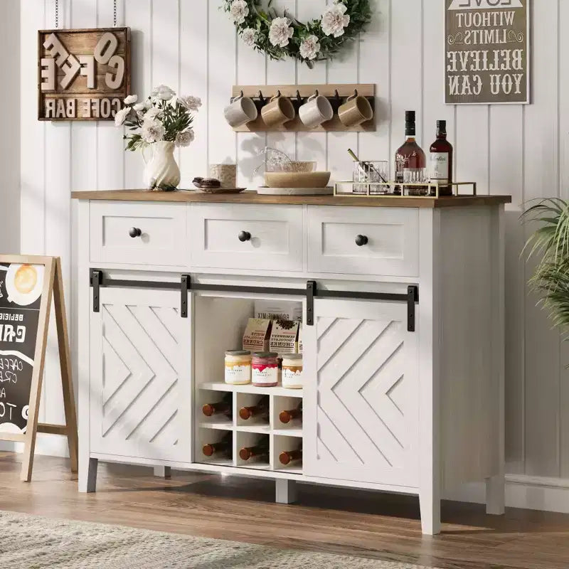 Mobile credenza da caffè da fattoria con anta scorrevole a granaio, buffet con portabottiglie e 3 cassetti