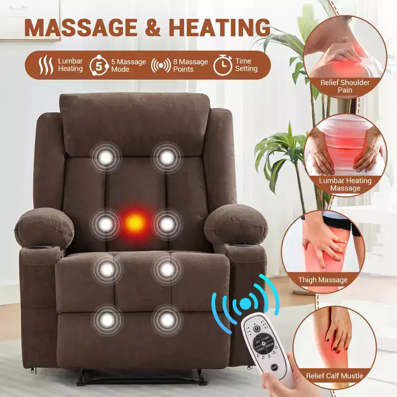 Poltrona reclinabile girevole con massaggio e riscaldamento, divano lounge ergonomico di grandi dimensioni con poggiapiedi estensibile, portabicchieri per soggiorno, camera da letto