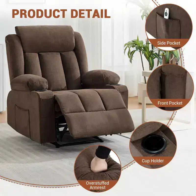 Fauteuil inclinable pivotant et berçant avec massage et chauffage, canapé de salon ergonomique surdimensionné avec repose-pieds étendu, porte-gobelets pour salon, chambre à coucher