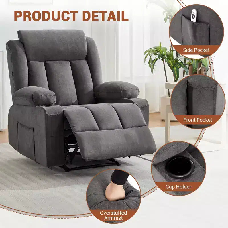 Fauteuil inclinable pivotant et berçant avec massage et chauffage, canapé de salon ergonomique surdimensionné avec repose-pieds étendu, porte-gobelets pour salon, chambre à coucher