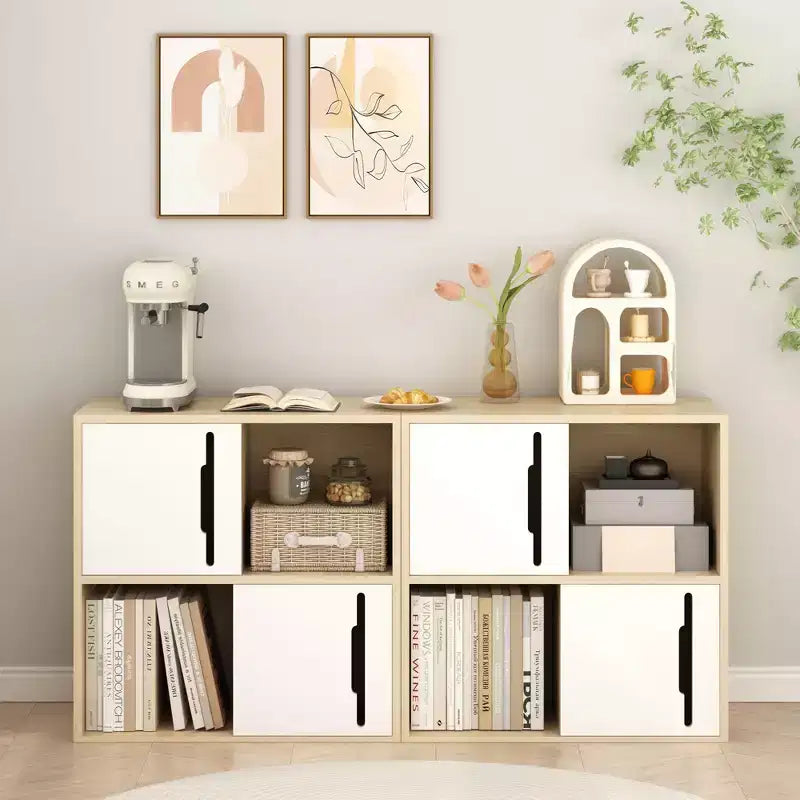 Credenza Contenitore Mobile Buffet Mobile Accento con Ante Scorrevoli, Organizer a 2 Livelli con Ripiani Aperti e Chiusi, Naturale+Bianco - ModernLuxe