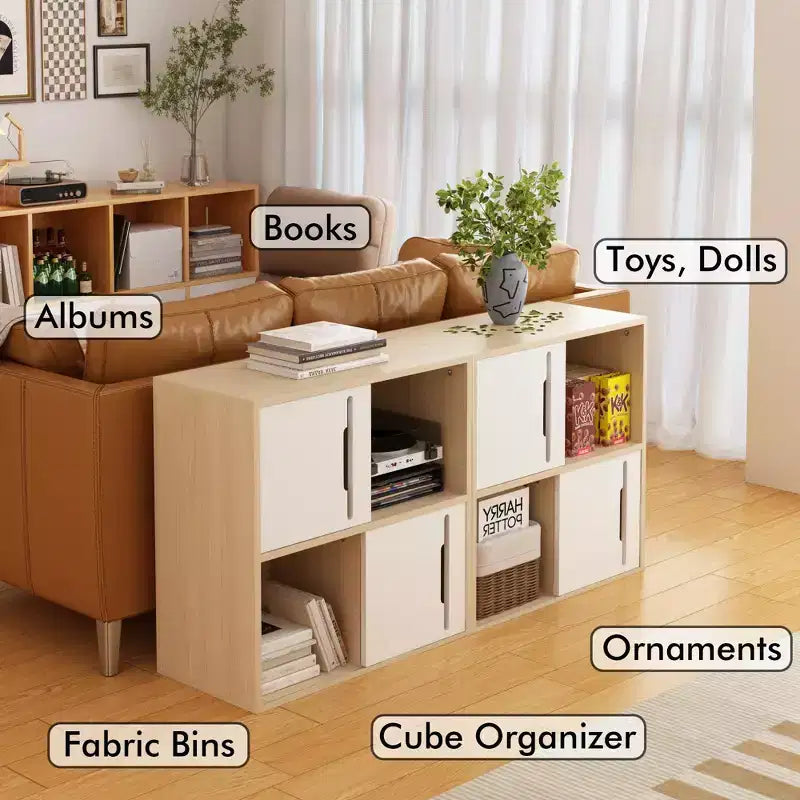 Credenza Contenitore Mobile Buffet Mobile Accento con Ante Scorrevoli, Organizer a 2 Livelli con Ripiani Aperti e Chiusi, Naturale+Bianco - ModernLuxe
