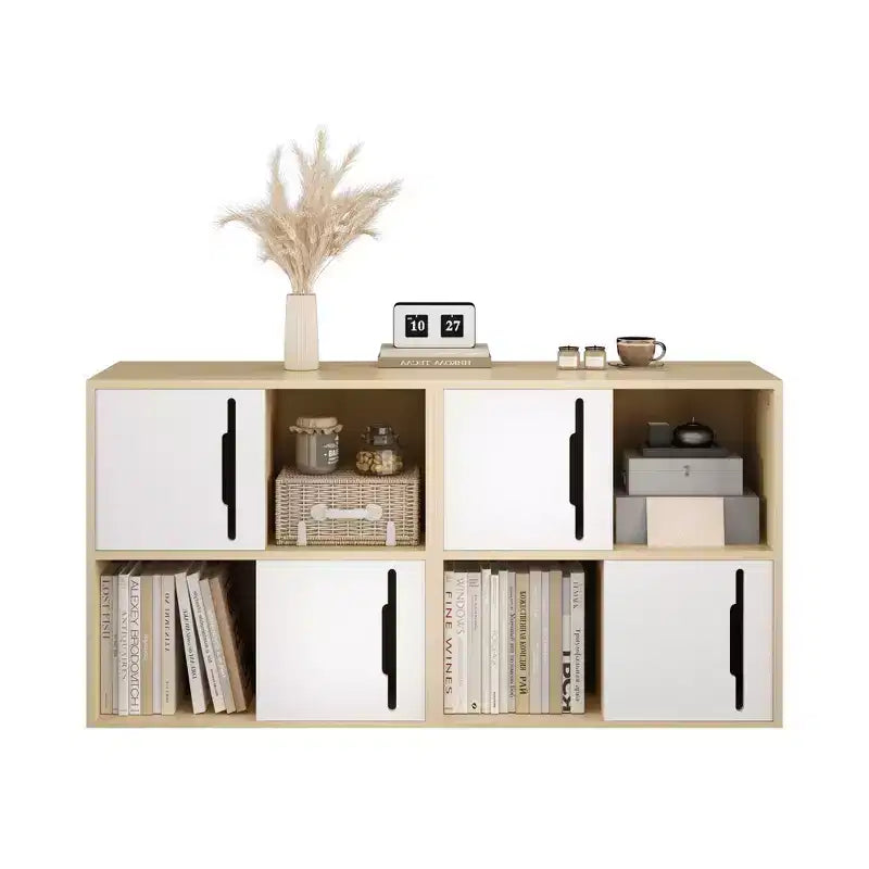 Credenza Contenitore Mobile Buffet Mobile Accento con Ante Scorrevoli, Organizer a 2 Livelli con Ripiani Aperti e Chiusi, Naturale+Bianco - ModernLuxe