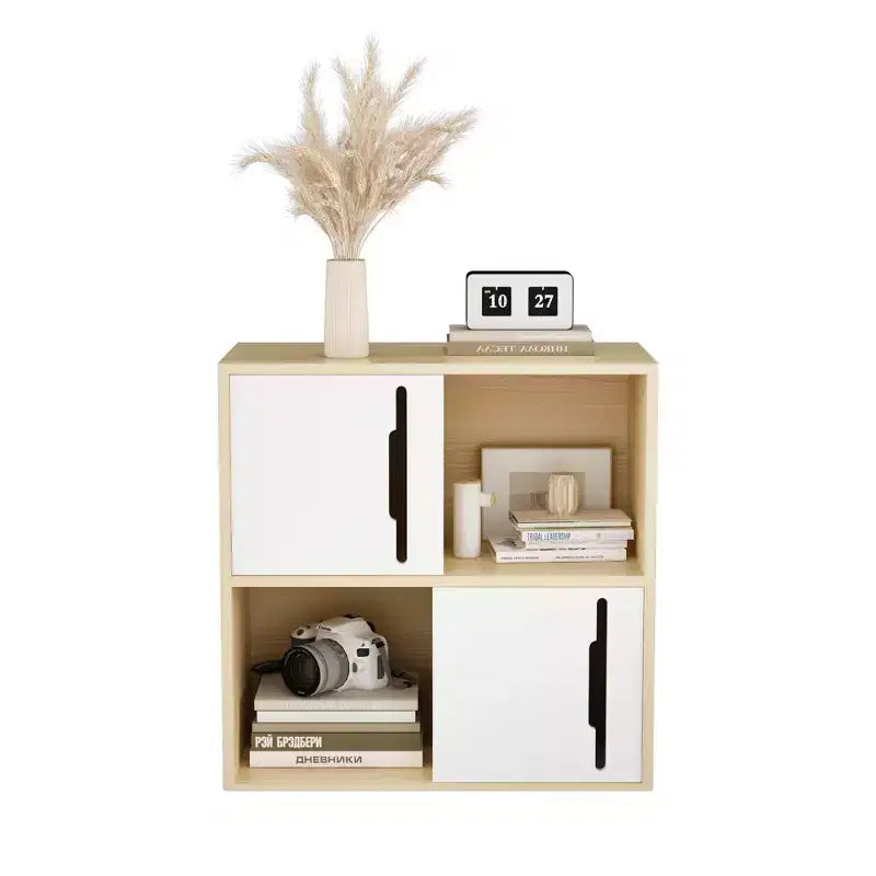 Credenza Contenitore Mobile Buffet Mobile Accento con Ante Scorrevoli, Organizer a 2 Livelli con Ripiani Aperti e Chiusi, Naturale+Bianco - ModernLuxe